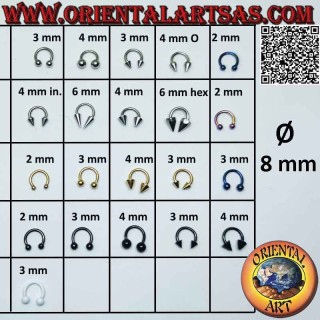 Piercing en fer à cheval (barre circulaire) en acier chirurgical (316L), 8 mm Ø x 1,2 mm d'épaisseur