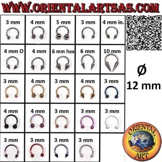 Horseshoe piercing (circular barbell) in surgical steel (316L), 12 mm Ø x 1.2 mm thick
