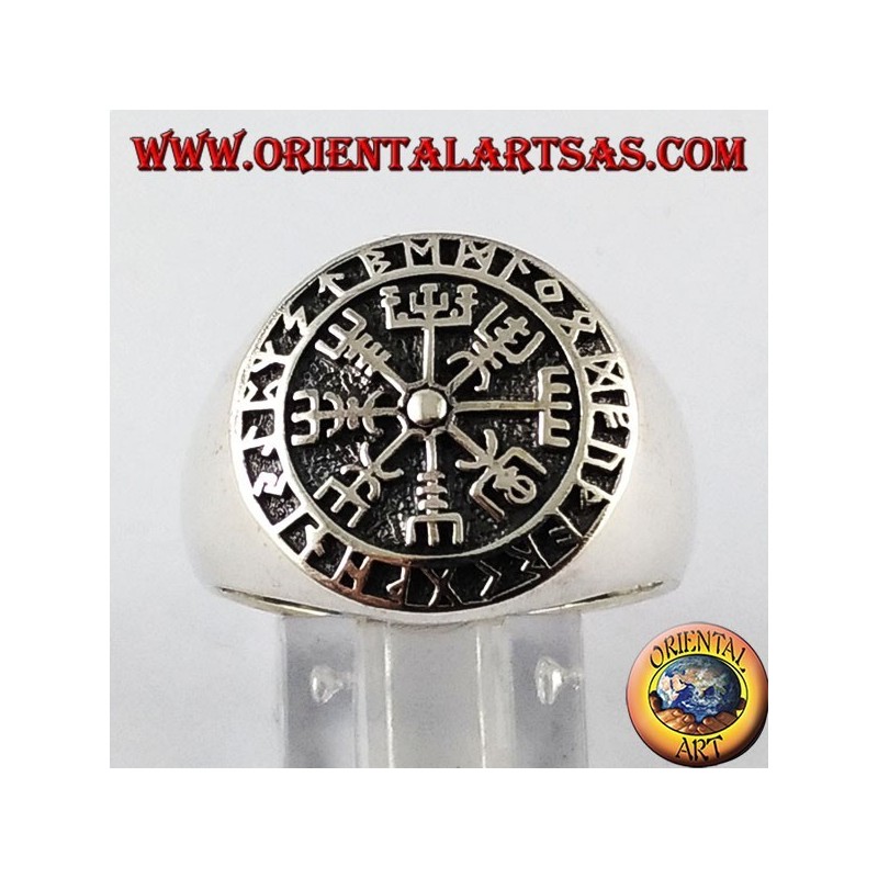 Silver ring, Aegishjalmur and vegvisir with Celtic runes