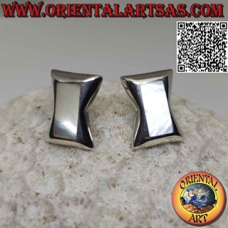 Silver lobe earrings with rectangular mother-of-pearl flush on a smooth hourglass frame