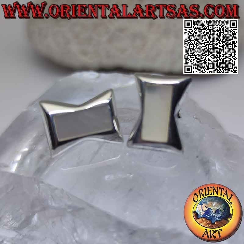 Silver lobe earrings with rectangular mother-of-pearl flush on a smooth hourglass frame