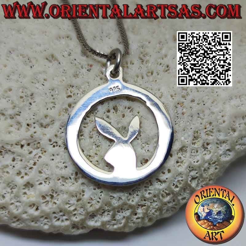 Colgante de plata conejito "playboy" liso en círculo (plano)