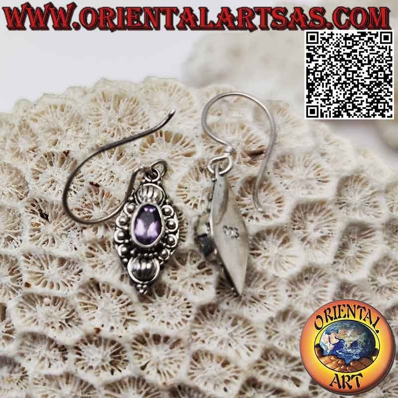 Silver pendant earrings with faceted oval natural amethyst on a frame decorated with shells and balls