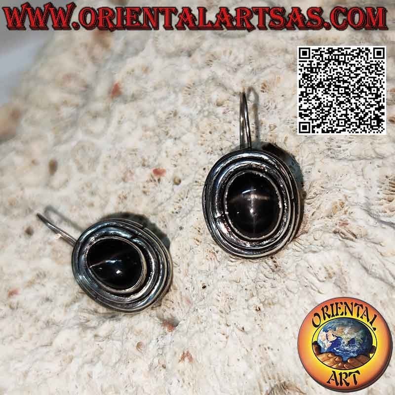 Silver earrings with black star (star diopside) oval cabochon high surrounded by three concentric lines