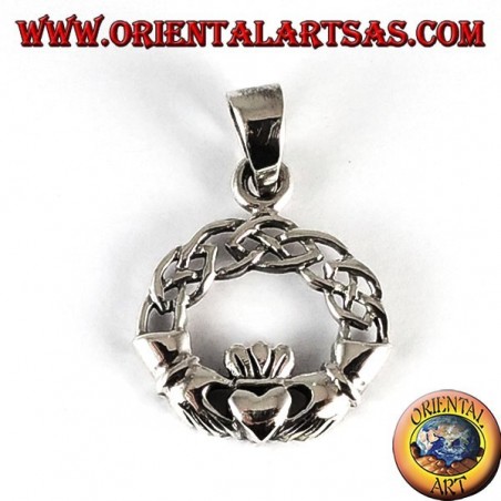 Ciondolo  d'argento, claddagh con nodo celtico
