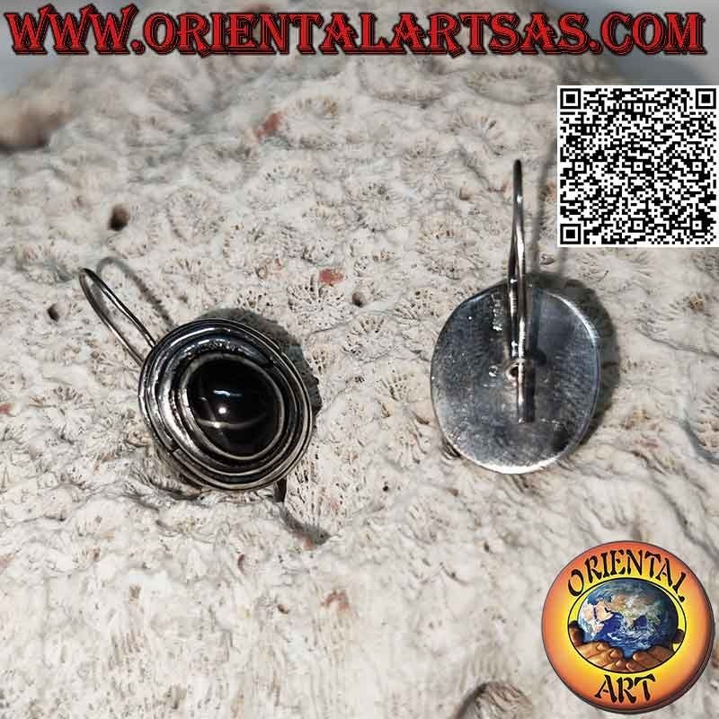 Orecchini in argento con black star (diopside stellato) ovale cabochon alta contornata da tre linee concentriche