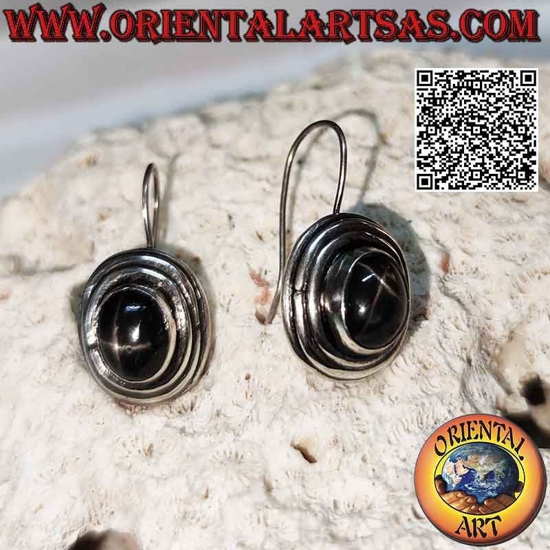 Silver earrings with black star (star diopside) oval cabochon high surrounded by three concentric lines