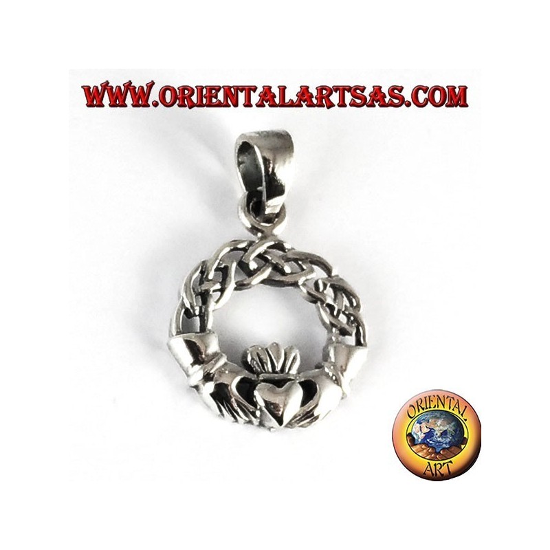 Ciondolo  d'argento, claddagh con nodo celtico