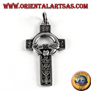 Silber-Anhänger, keltisches Kreuz mit claddagh
