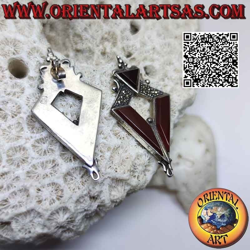Rhomboidal silver earrings studded with marcasite with triangle and carnelian inserts