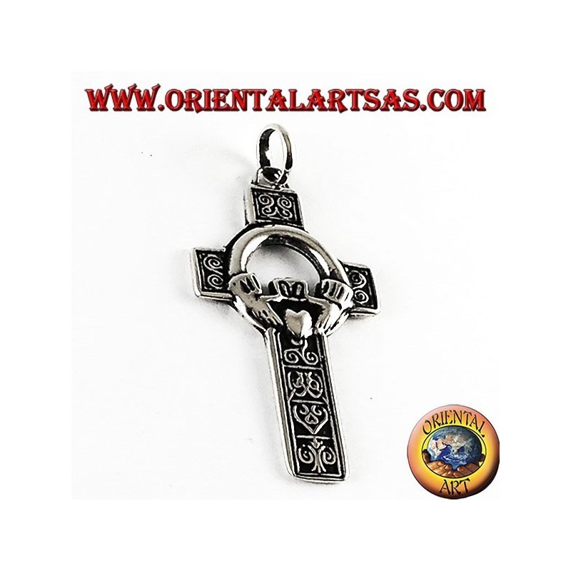 Silber-Anhänger, keltisches Kreuz mit claddagh