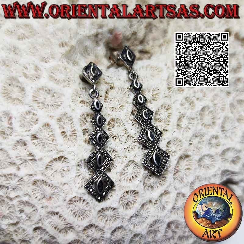 Silver earrings, growing series of rhombuses with central onyx surrounded by marcasite