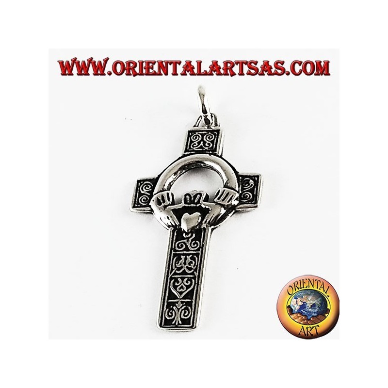 Silber-Anhänger, keltisches Kreuz mit claddagh