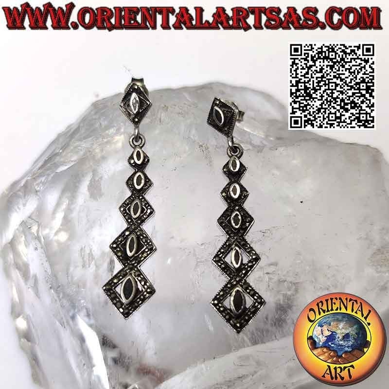 Silver earrings, growing series of rhombuses with central onyx surrounded by marcasite