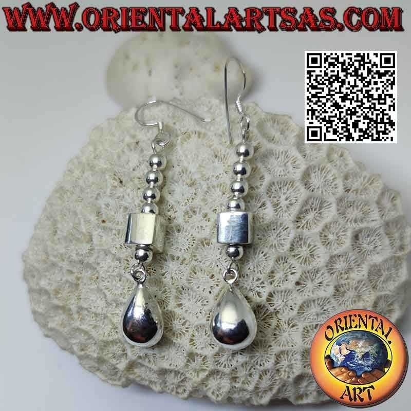 Silver pendant earrings with parallelepiped between a series of balls and a final three-dimensional drop