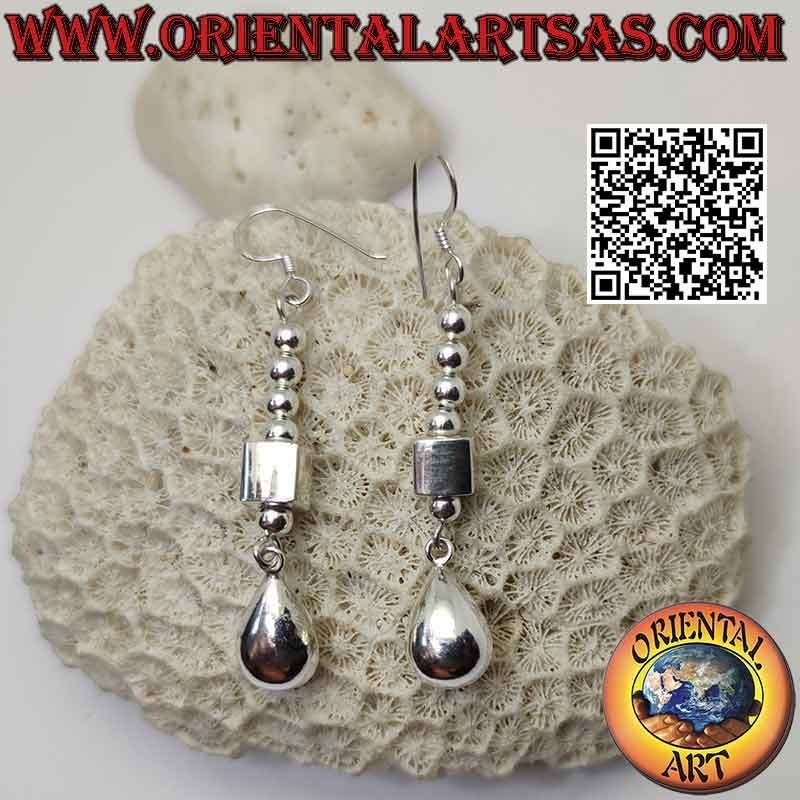 Silver pendant earrings with parallelepiped between a series of balls and a final three-dimensional drop