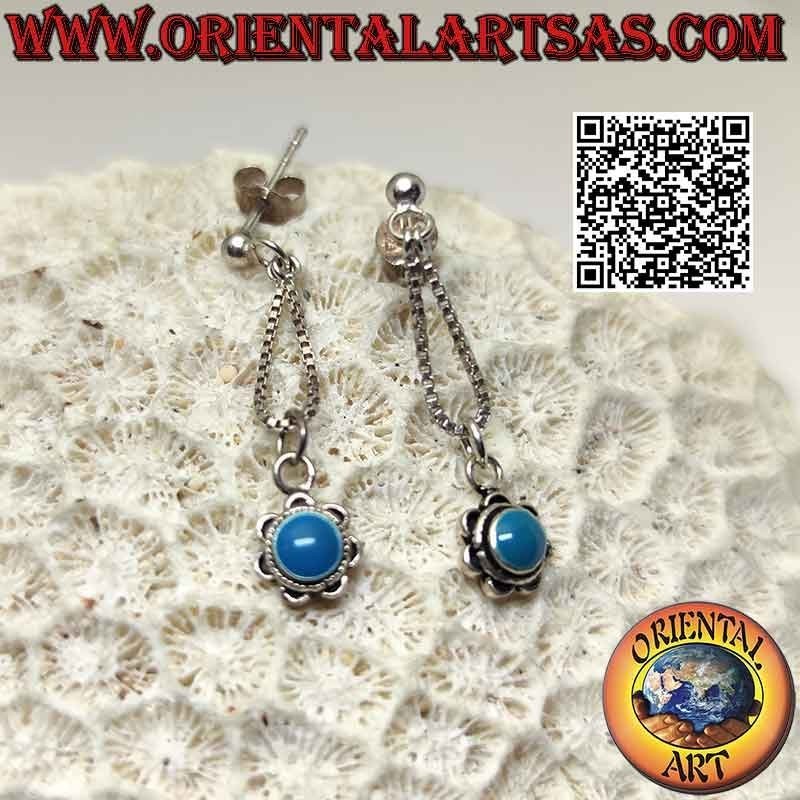 Orecchini in argento da lobo con fiorellino con turchese centrale pendente a catenina