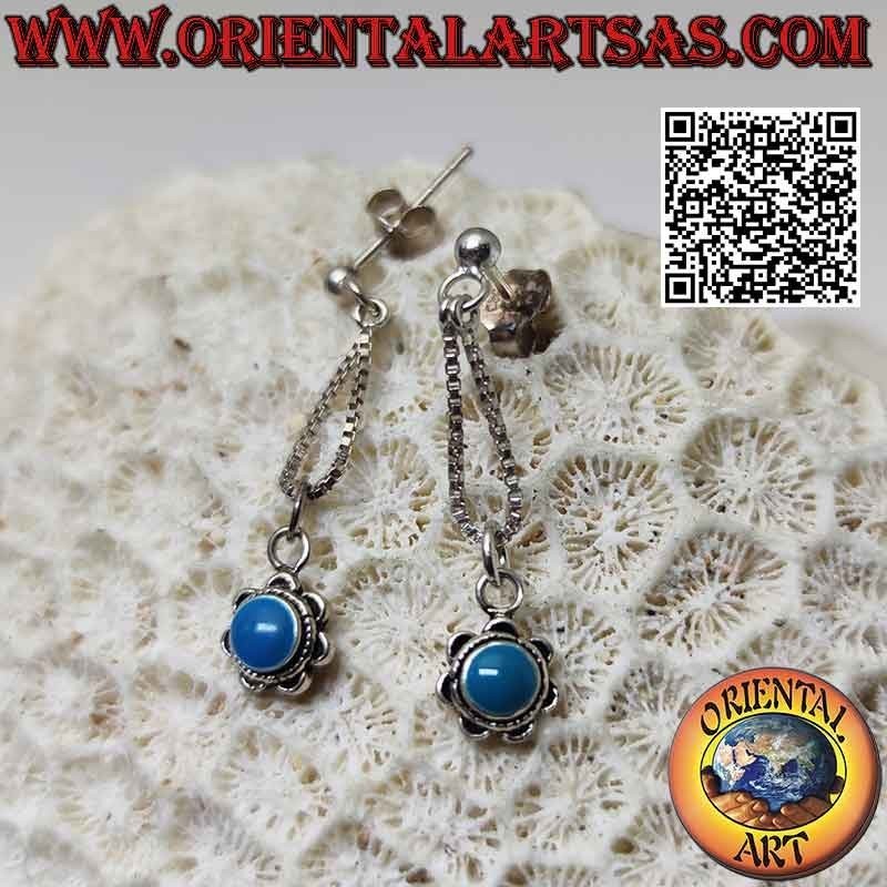 Orecchini in argento da lobo con fiorellino con turchese centrale pendente a catenina