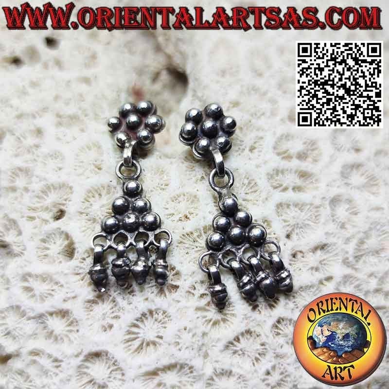 Pendientes de plata con bolas, lóbulo hexagonal con triángulo 3x3 y colgantes
