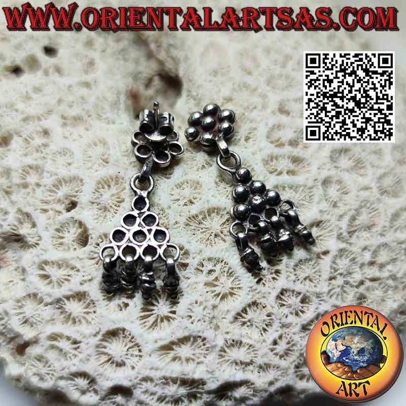 Pendientes de plata con bolas, lóbulo hexagonal con triángulo 3x3 y colgantes