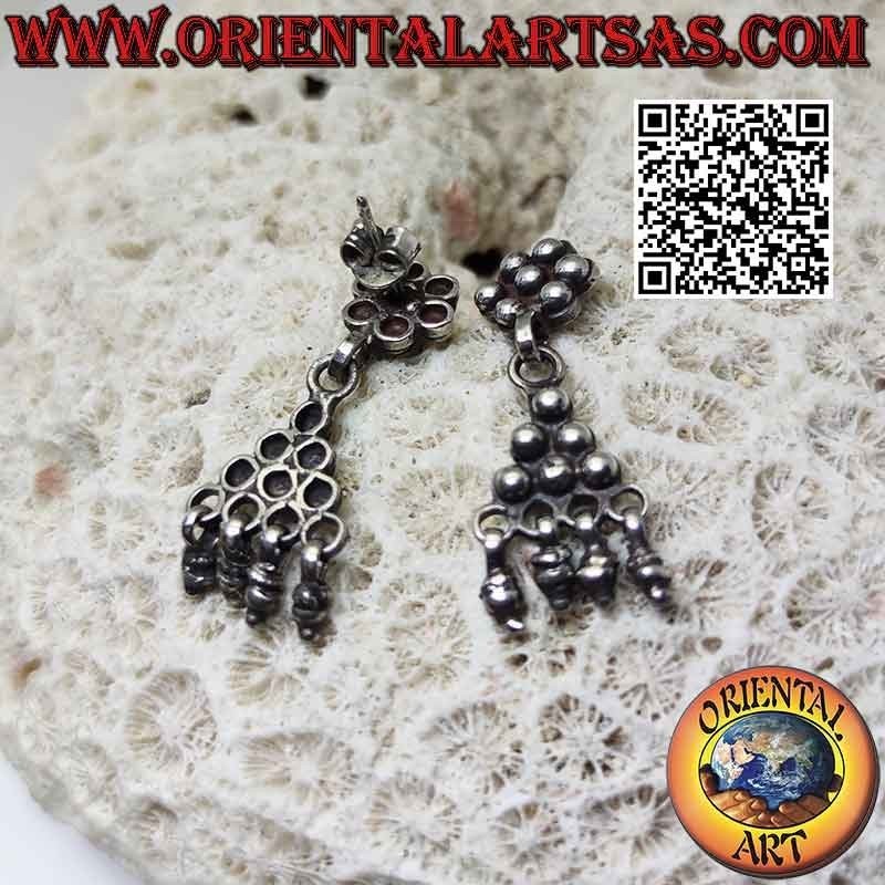 Boucles d'oreilles en argent avec boules, lobe hexagone avec triangle 3x3 et pendentifs
