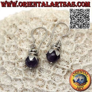 Silver leverback earrings with amethyst sphere with hood