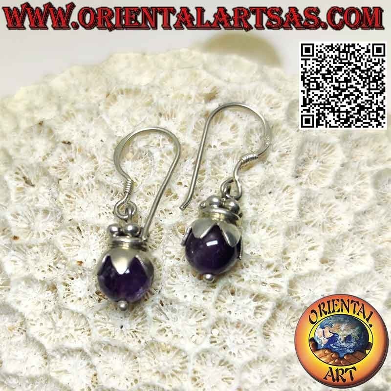 Silver leverback earrings with amethyst sphere with hood