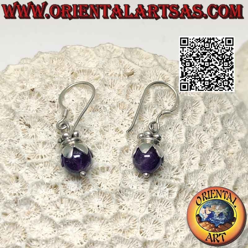 Orecchini in argento a monachella con sfera di ametista con cappuccio
