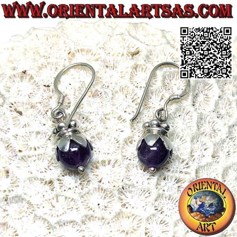 Boucles d'oreilles à levier en argent avec sphère d'améthyste avec capuchon