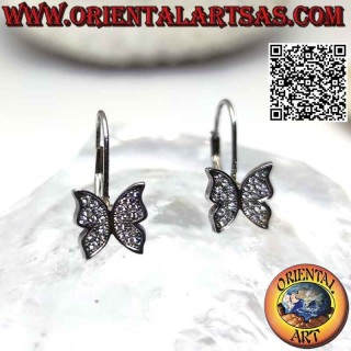 Pendientes de plata de gancho rígido con colgante mariposa tachonado de circonitas blancas