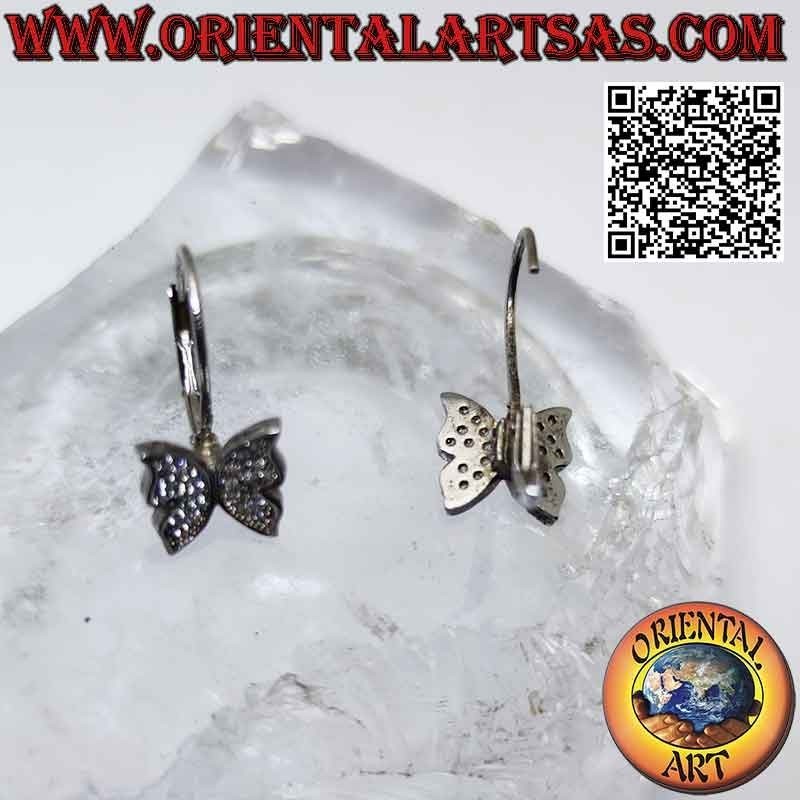 Rigid hook silver earrings with pendant butterfly studded with white zircons