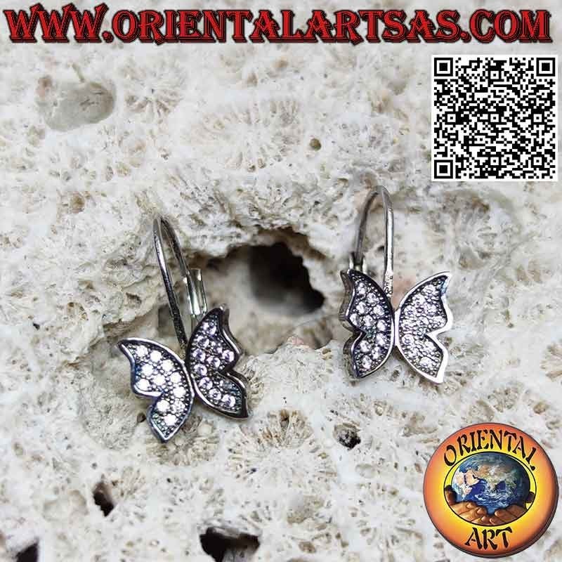 Rigid hook silver earrings with pendant butterfly studded with white zircons