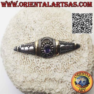 925 ‰ silver brooch with natural oval amethyst, 4 14 karat gold plaques and stud decoration
