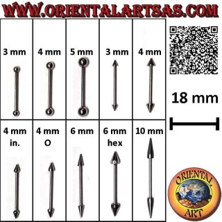 Piercing recto con barra en acero quirúrgico (316L) de 18 mm x 1,2 mm de espesor