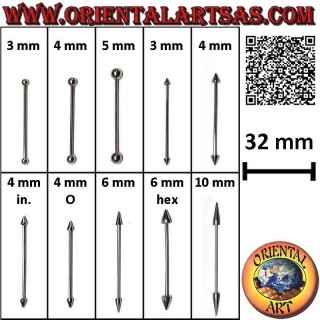 Straight barbell piercing in surgical steel (316L) 32 mm x 1.2 mm thick