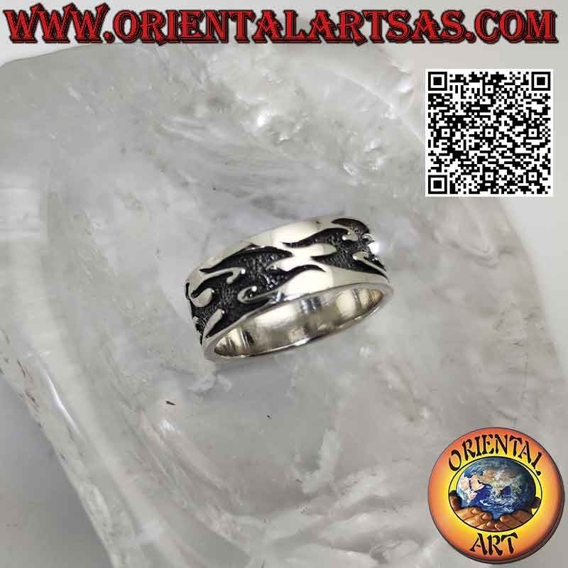 Flat band silver ring with deep bas-relief tribal flames