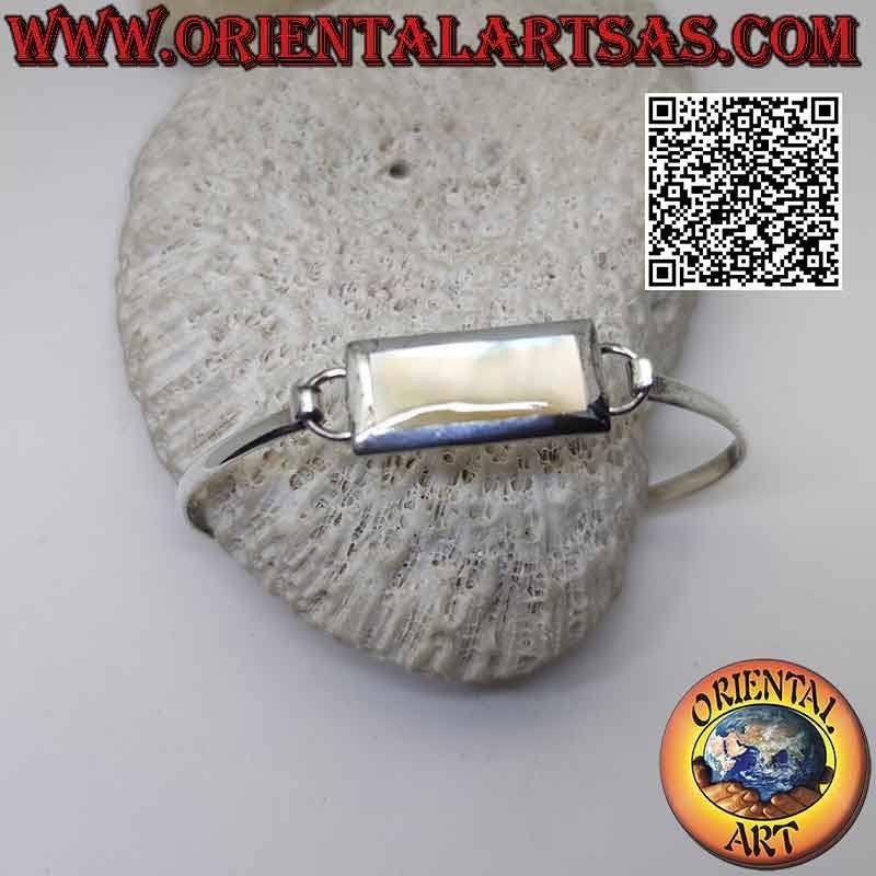 Smooth rigid bracelet in 925 ‰ silver with rectangular mother-of-pearl wire (interlocking clasp) (B)