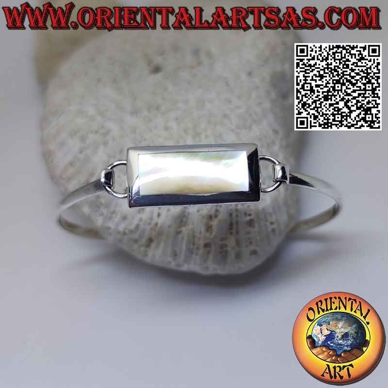 Bracciale rigido in argento 925‰ liscio con madreperla rettangolare a filo (chiusura a incastro) (B)