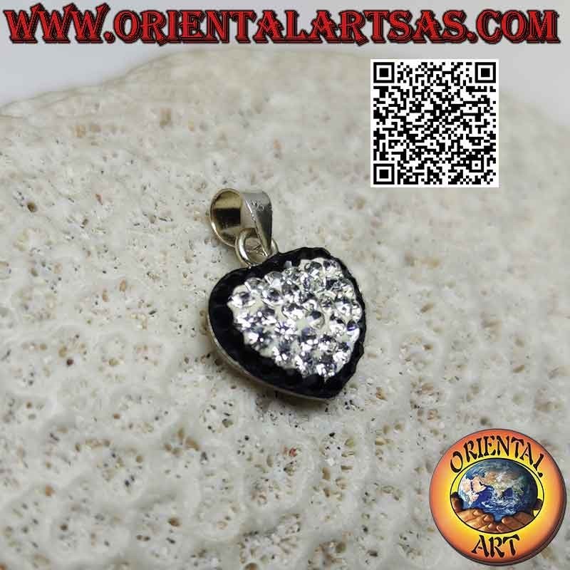 Pendentif en argent, coeur d'amour constellé de micro-strass blancs et contours noirs