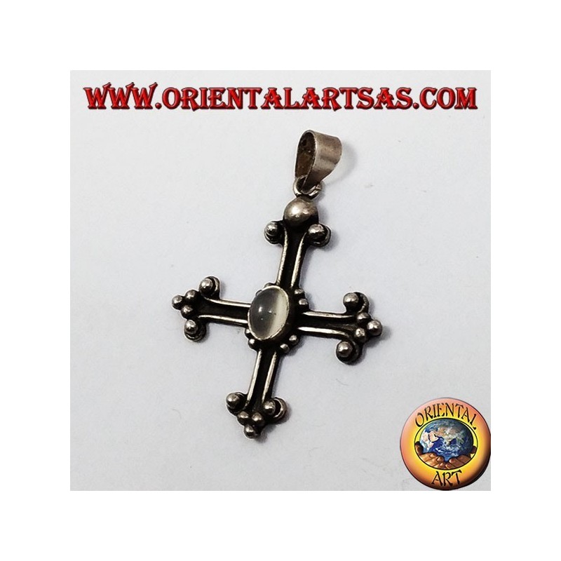 Silver pendant, cross anchored with adularia moonstone