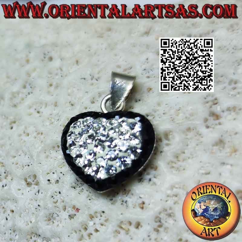 Silver pendant, heart of love studded with white micro-rhinestones and black contours