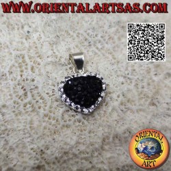 Silver pendant, heart of love studded with black micro-rhinestones and white outline