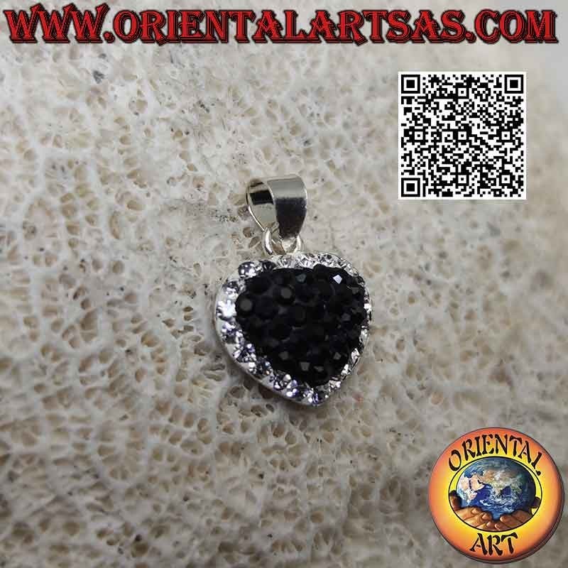 Ciondolo in argento, cuore dell'amore tempestato di micro-strass neri e contorno bianchi