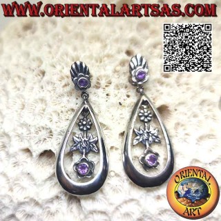 Boucles d'oreilles en argent avec améthyste couronnée par lobe et goutte avec tournesol à l'intérieur