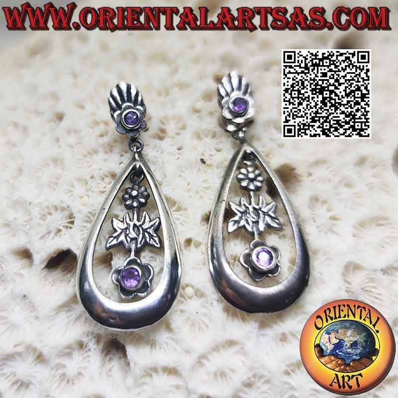 Boucles d'oreilles en argent avec améthyste couronnée par lobe et goutte avec tournesol à l'intérieur