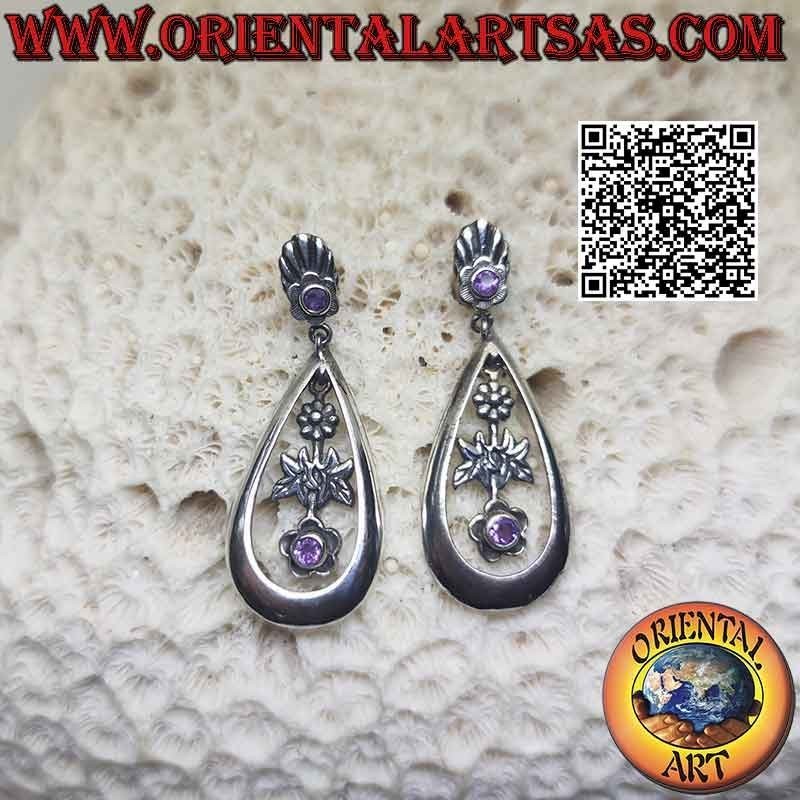 Silver earrings with amethyst crowned by lobe and drop pendant with sunflower and amethyst flower inside