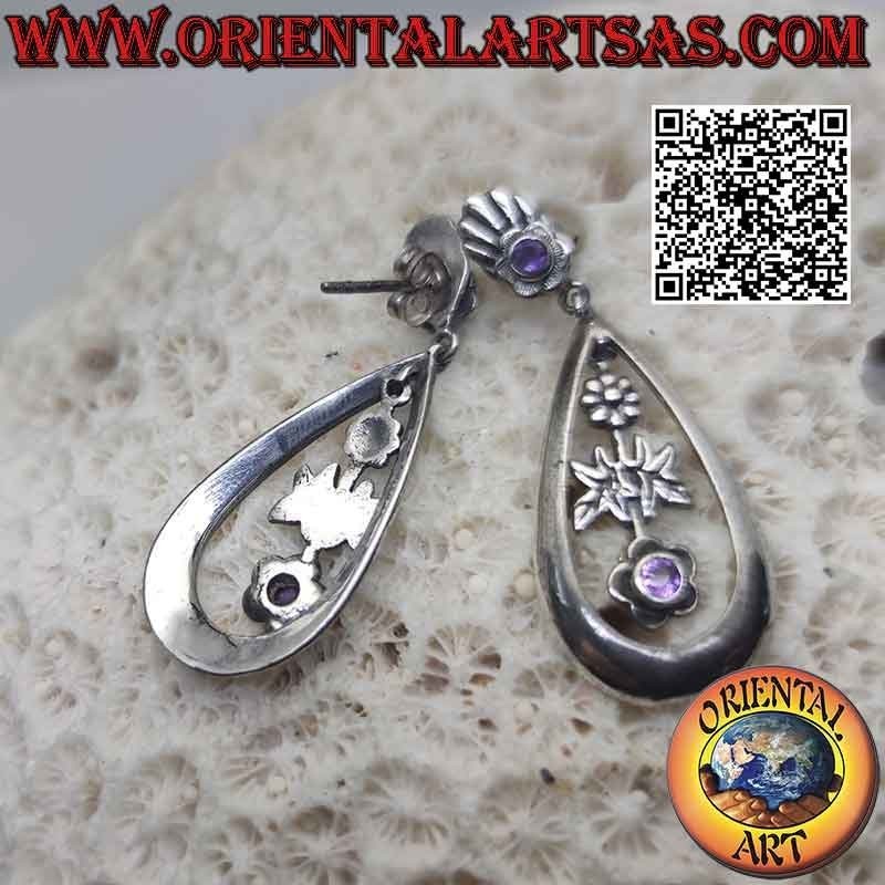 Pendientes de plata con amatista coronados por lóbulo y colgante gota con girasol y flor de amatista en su interior