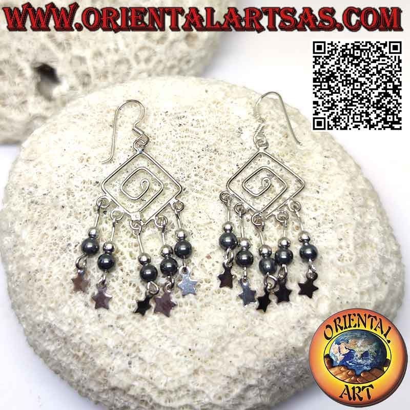 Boucles d'oreilles spirales rhomboïdales en argent avec boules en argent et hématite et étoiles suspendues