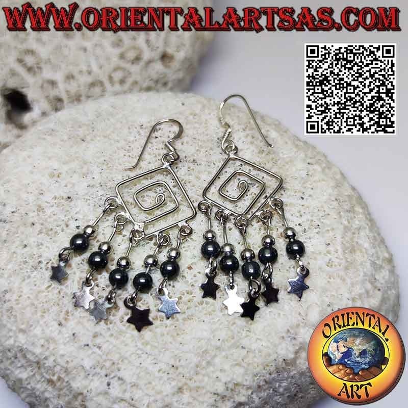 Rhomboidal spiral silver earrings with silver and hematite balls and hanging stars
