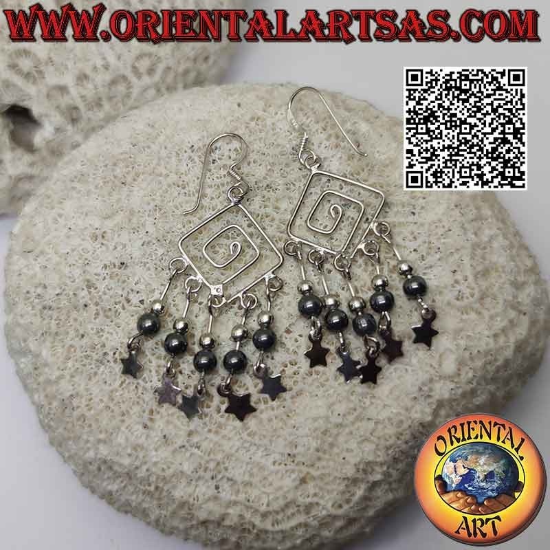 Pendientes espirales romboidales de plata con bolas de plata y hematites y estrellas colgantes